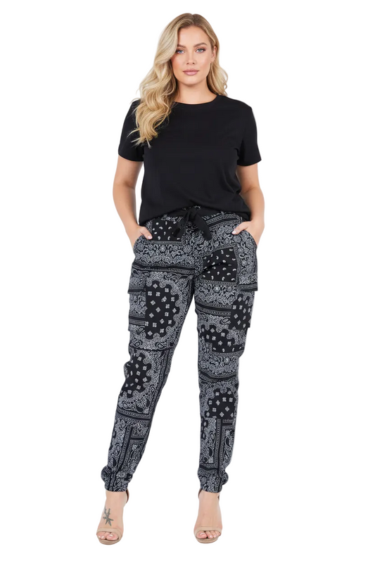 PLUS SIZE BLACK BANDANA PATTERN JOGGER PANTS