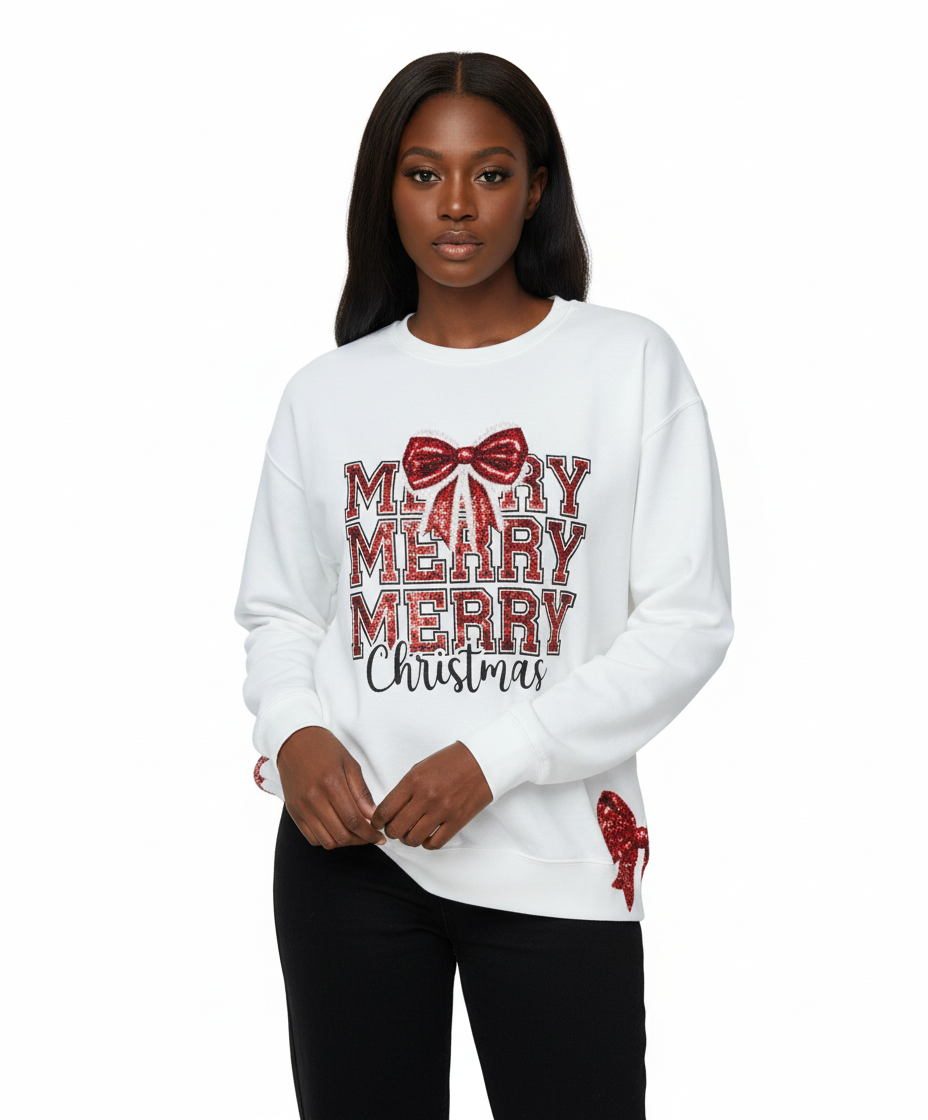 Merry Christmas Sequin Bow Graphic Sweatshirt
