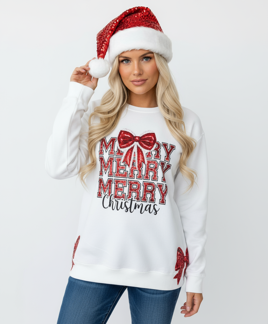 Merry Christmas Sequin Bow Graphic Sweatshirt