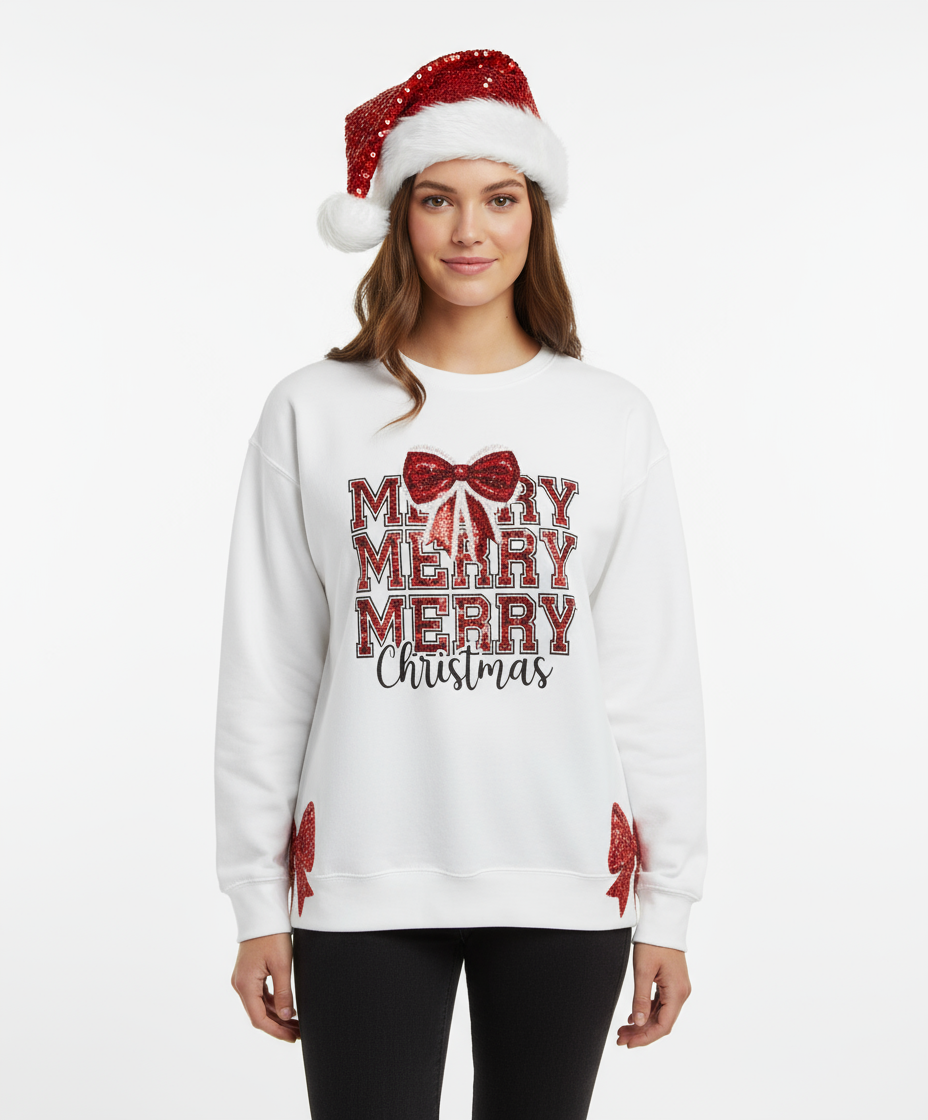 Merry Christmas Sequin Bow Graphic Sweatshirt