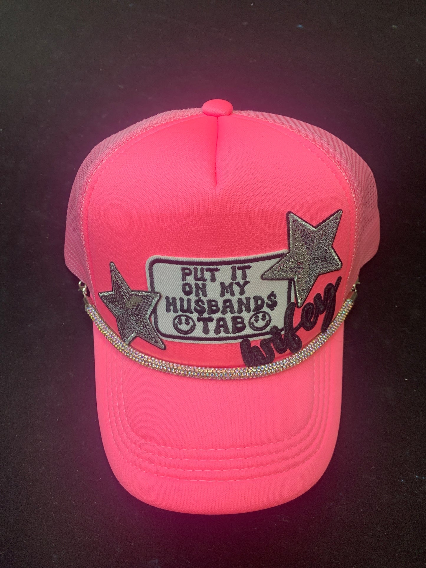 Neon Pink Put it on My Husband$ Tab Trucker Hat