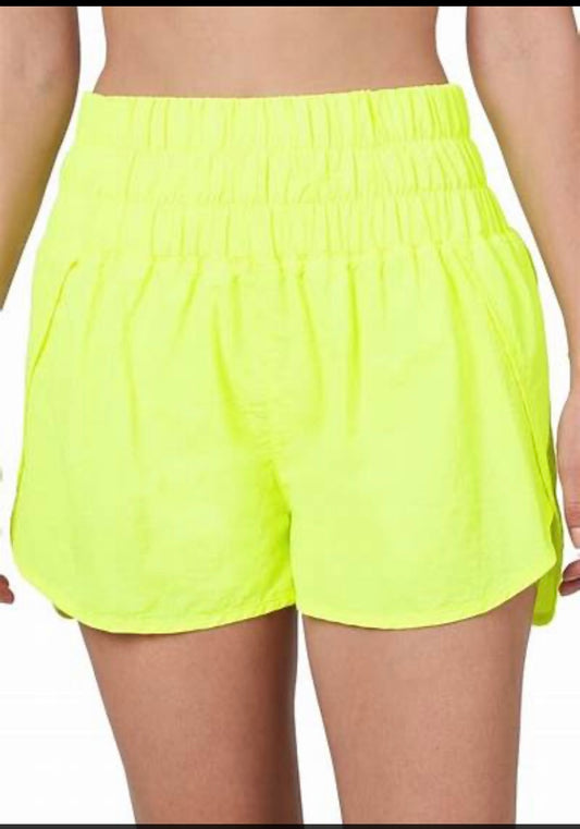 Zenana plus windbreaker smoked shorts in lime green 
