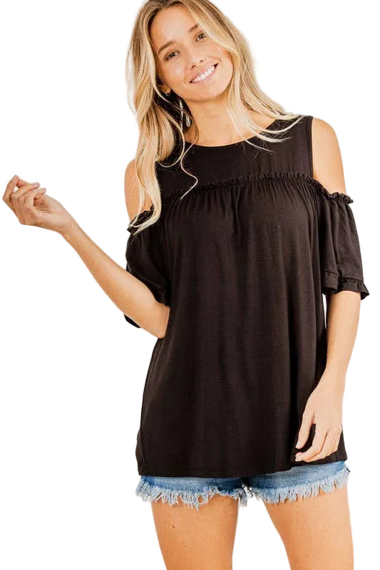 Cold Shoulder Black Solid Top With Ruffled Detail