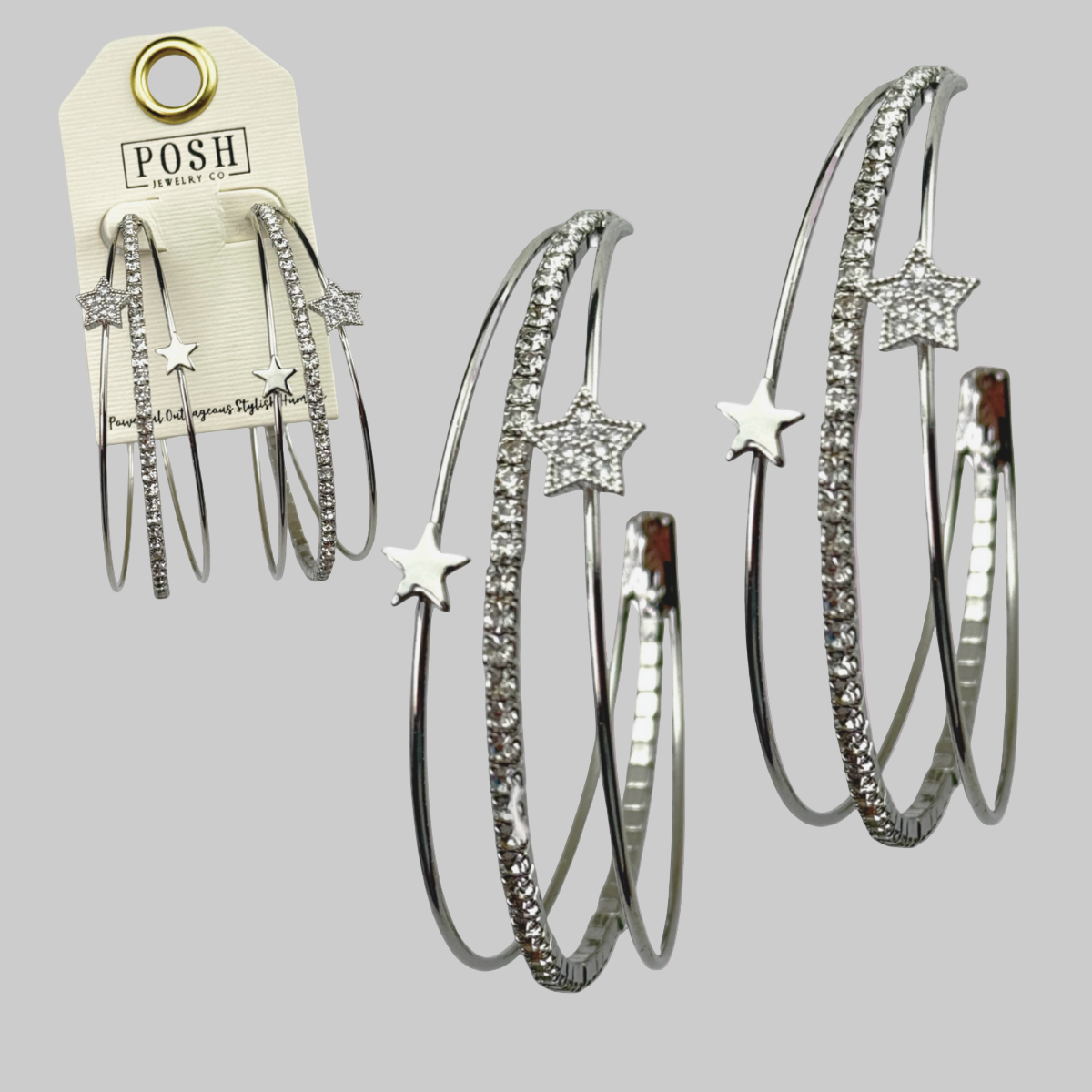 Triple Hoop Rhinestone Star Earrings