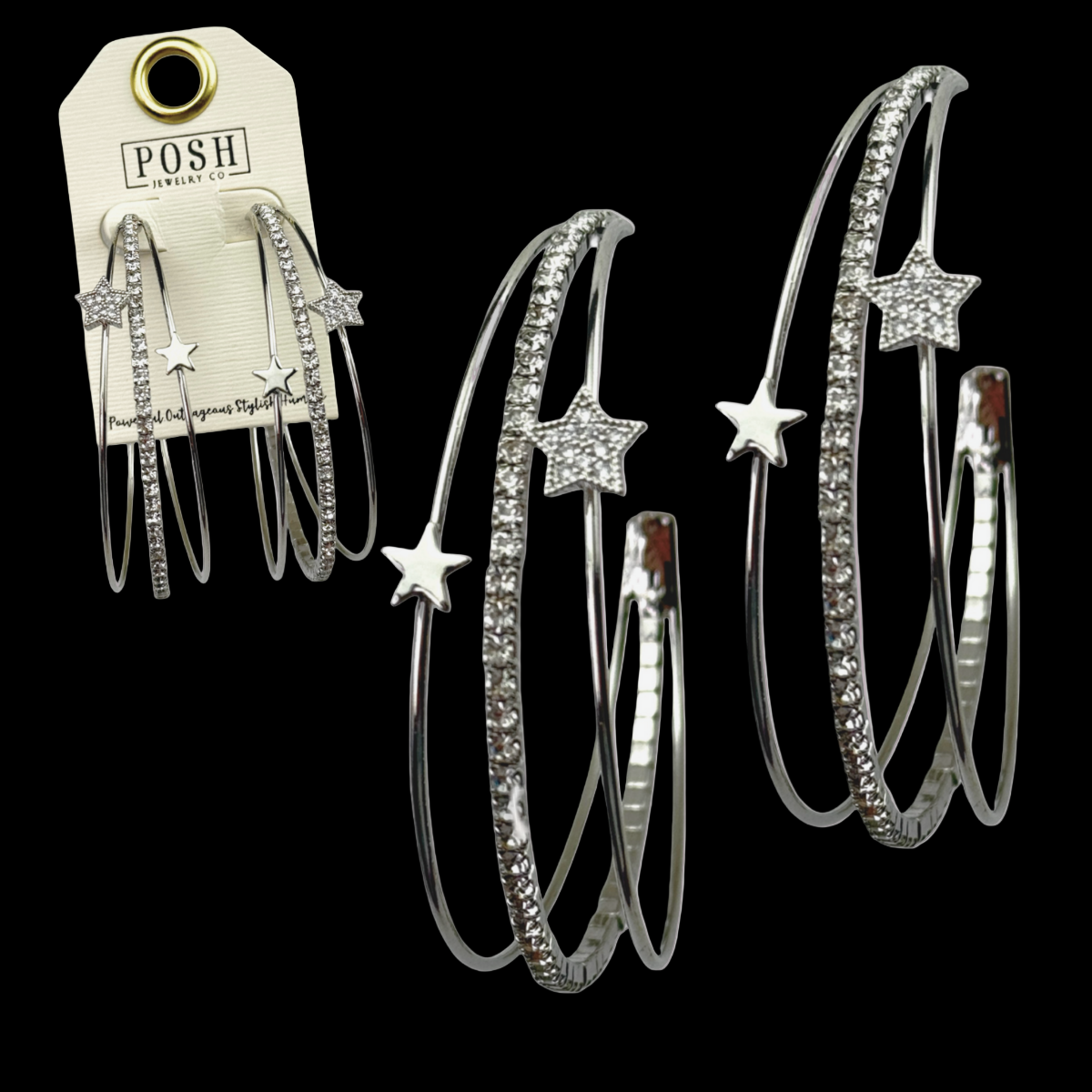 Triple Hoop Rhinestone Star Earrings