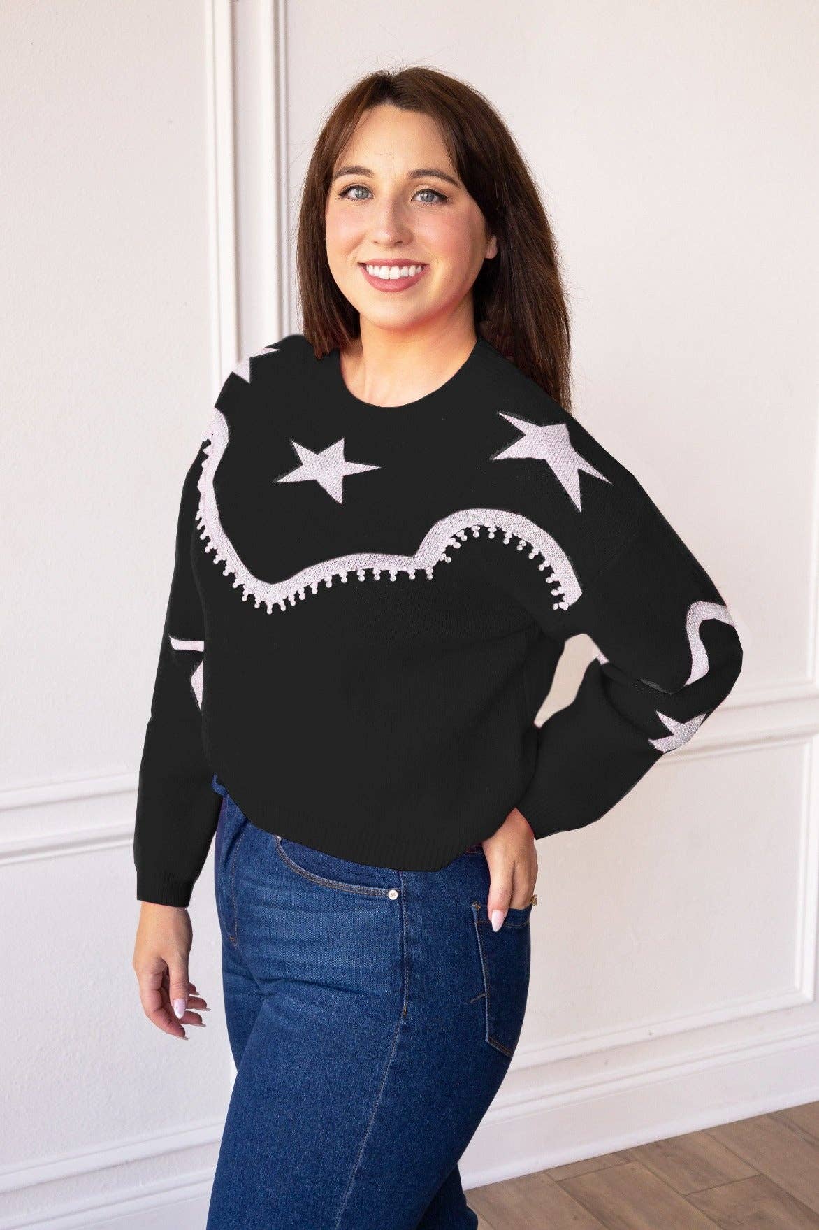 Rhinestone Star Black Pullover Sweater