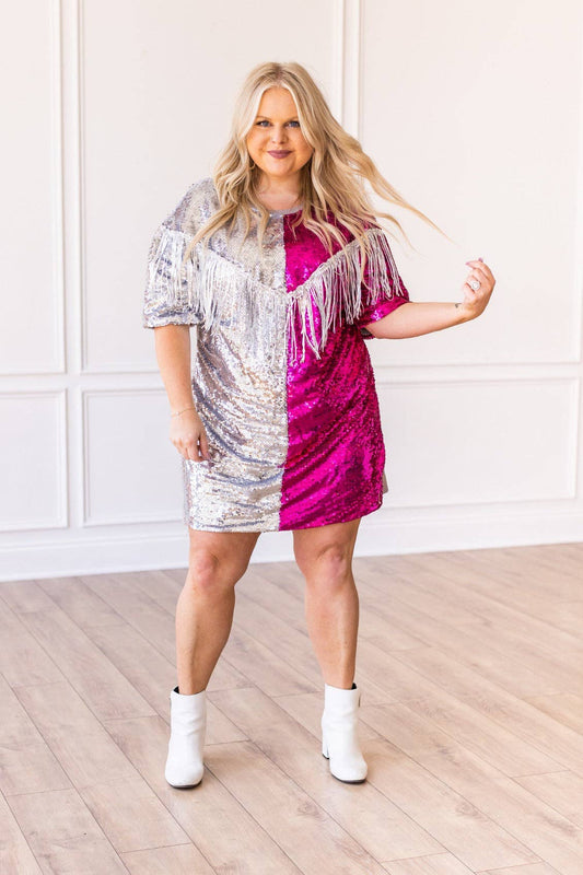 Putting On A Show Sequin Dress With Fringe: Multi / Plus Size
