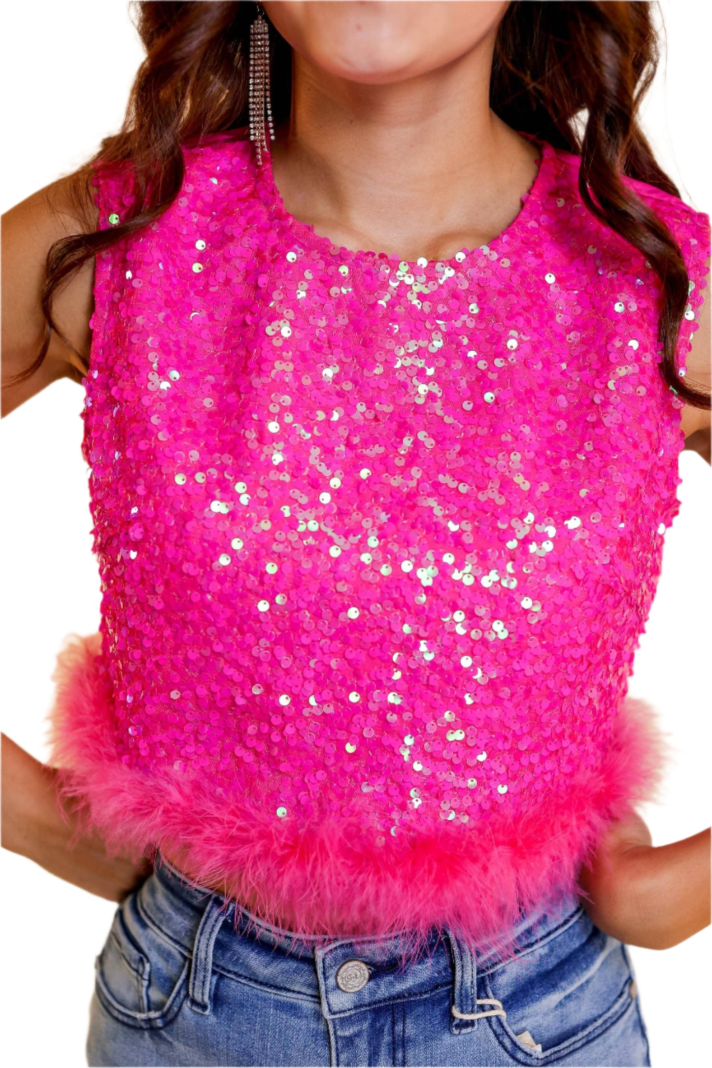 Feather or Not Hot Pink Sequin Crop with Feather Trim