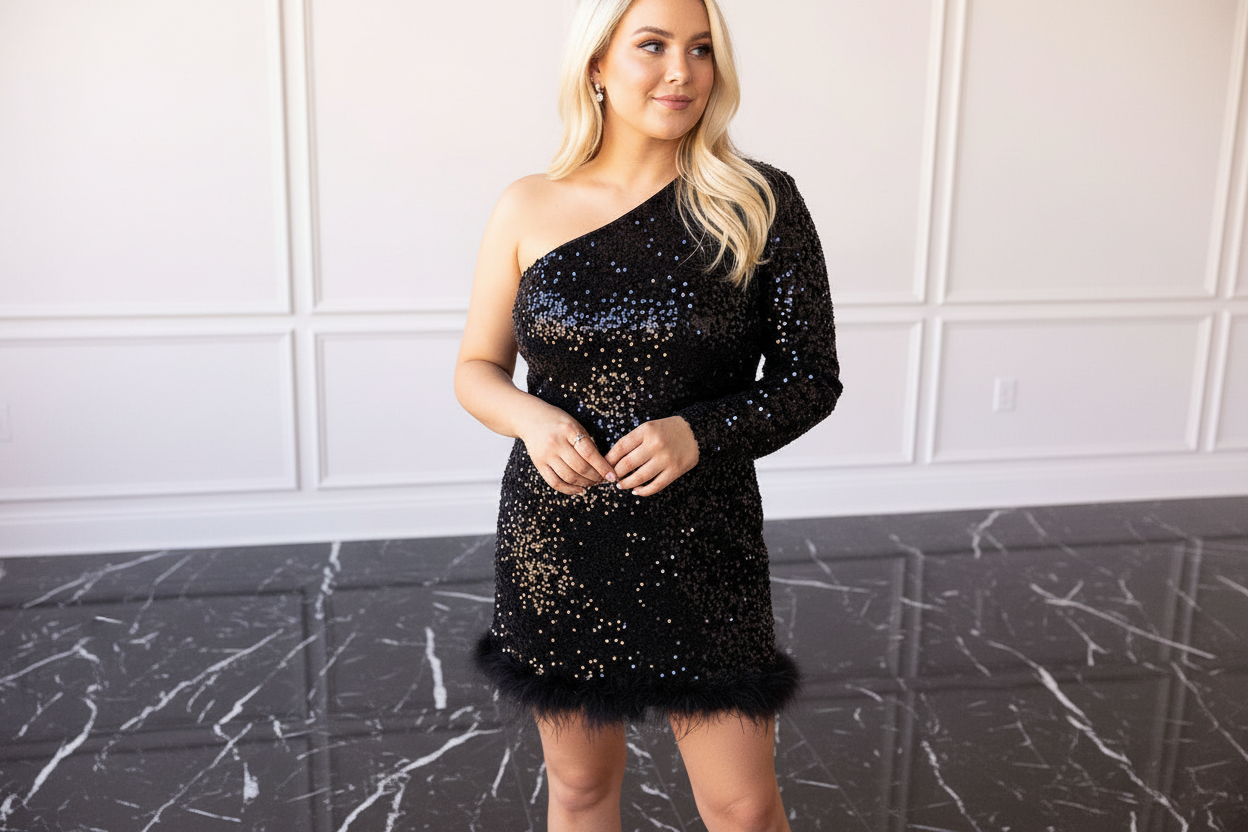 Feathered Opulence Sequin Dress in Black