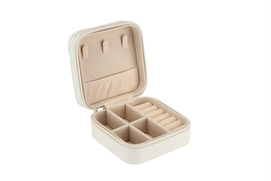 Ladies Rhinestone Multi Compartment Jewelry Box: White