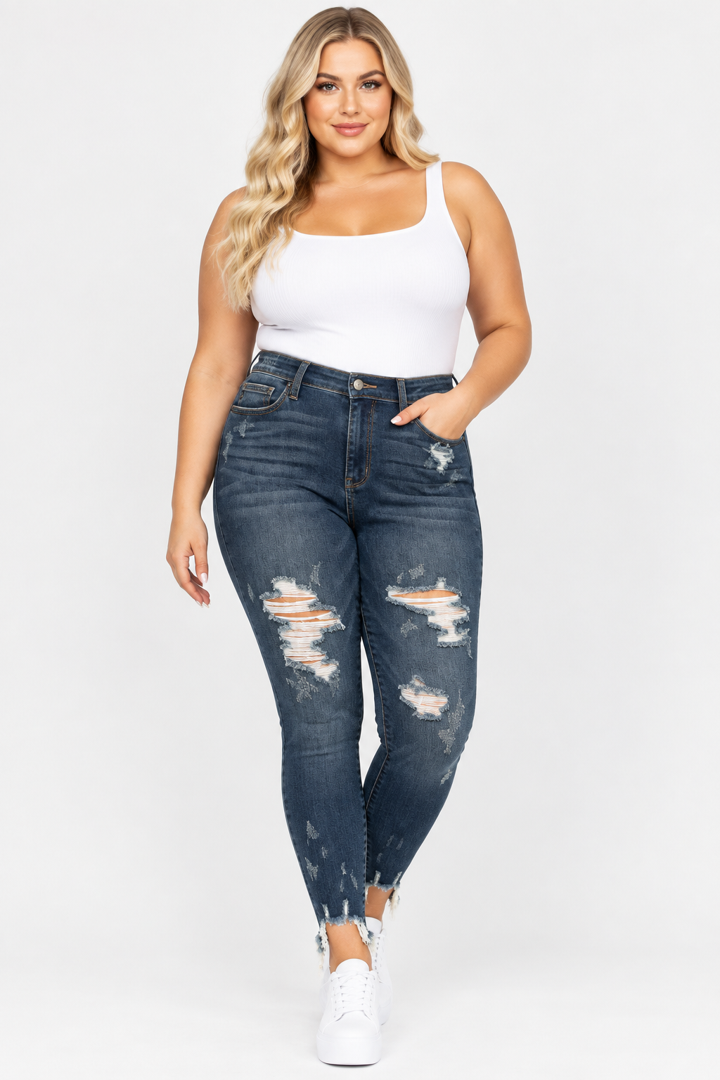 Judy Blue Mid-Rise Dark Wash Skinny Destroyed Hem Jeans