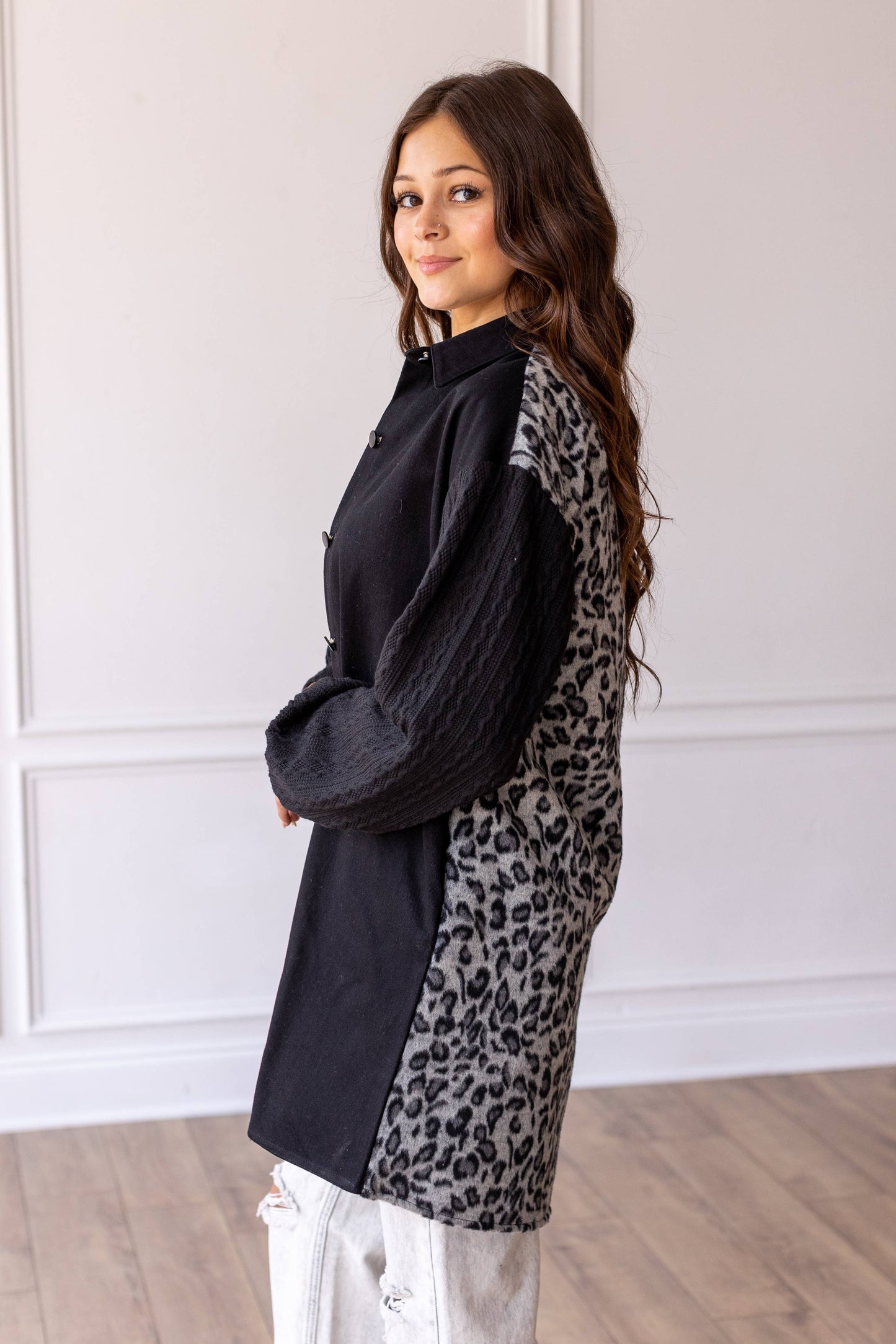 Women's Feline Flair Black Button-Up Jacket