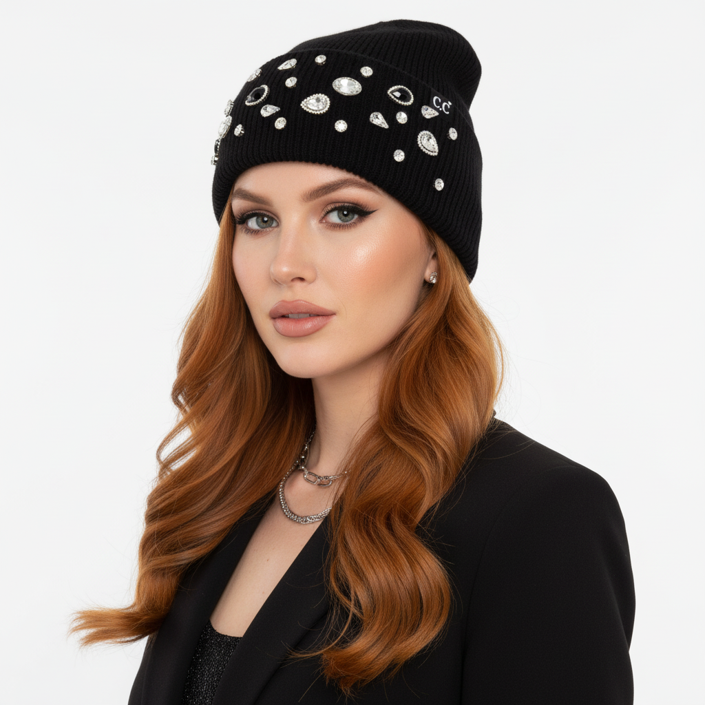 Rhinestone Charm Cuff Beanie