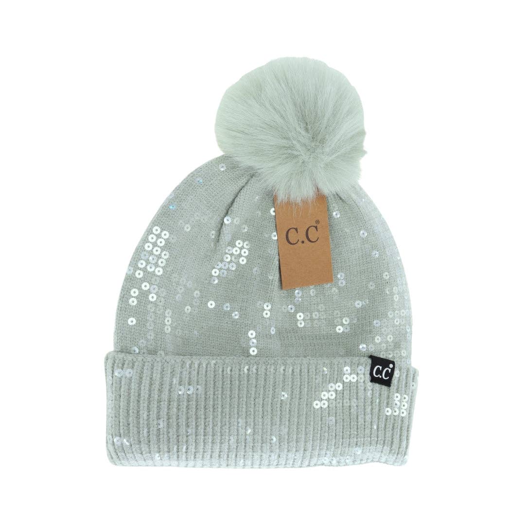 Allover Grey Clear Sequin Faux Fur Pom Beanie