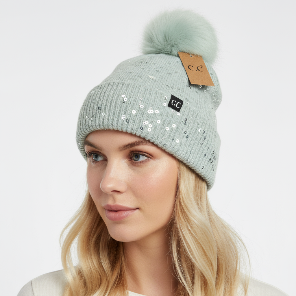 Allover Grey Clear Sequin Faux Fur Pom Beanie