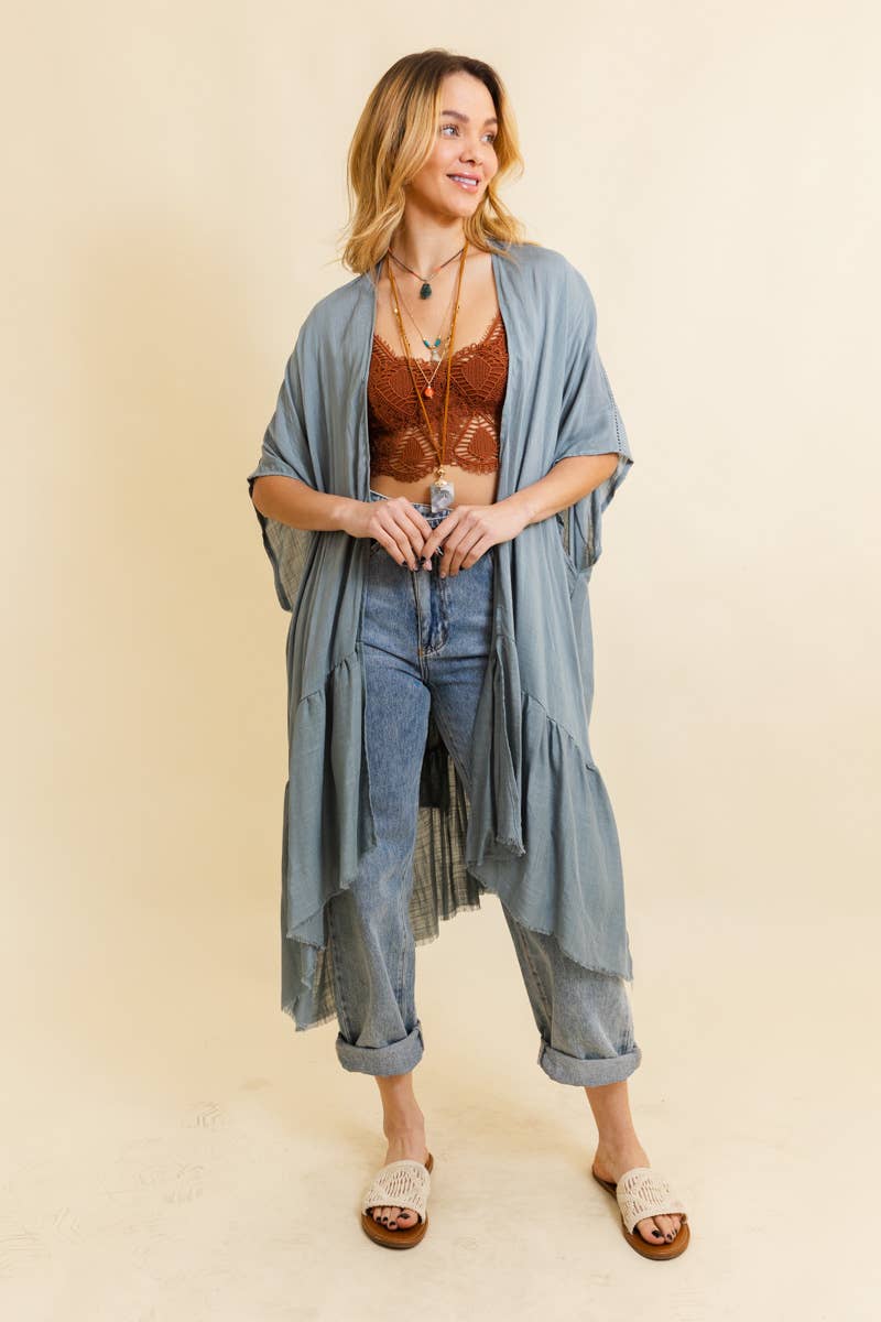 Bohemian Kimono Solid Ruffle Edge: Blue/Gray