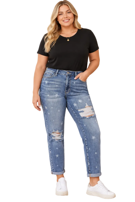 Judy Blue Mid-rise “Star Crossed" Destroy & Roll Cuff Boyfriend Jeans