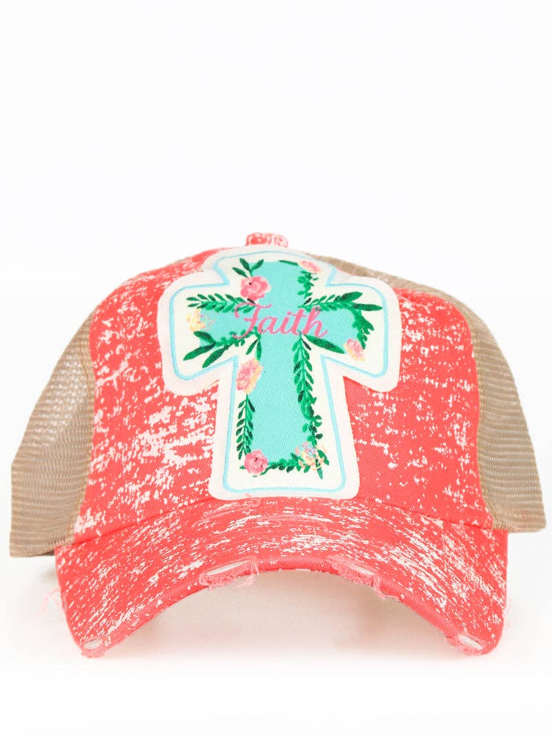 Rose Faith Cross Patch on Coral Spatter Hat: Coral