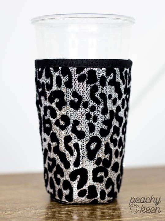 Leopard Sequin Sleeve Drink Holder with Black Neoprene