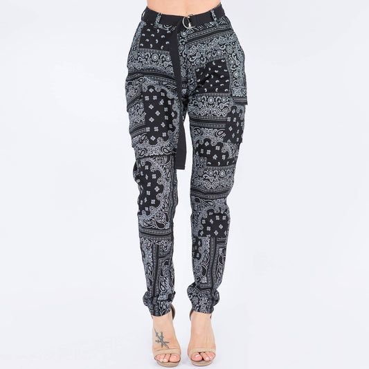 PLUS SIZE BLACK BANDANA PATTERN JOGGER PANTS