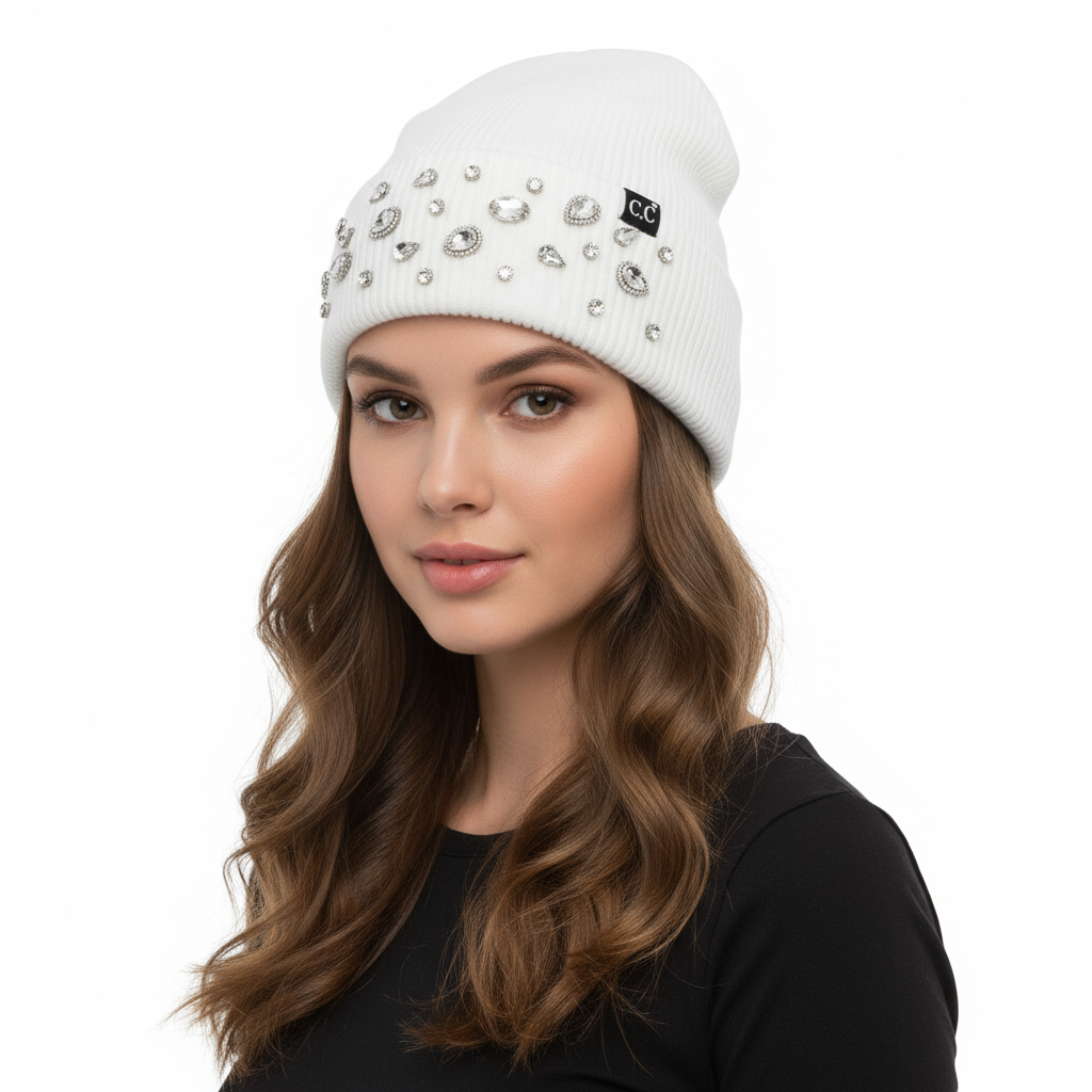 Rhinestone Charm Cuff Beanie