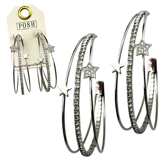 Triple Hoop Rhinestone Star Earrings