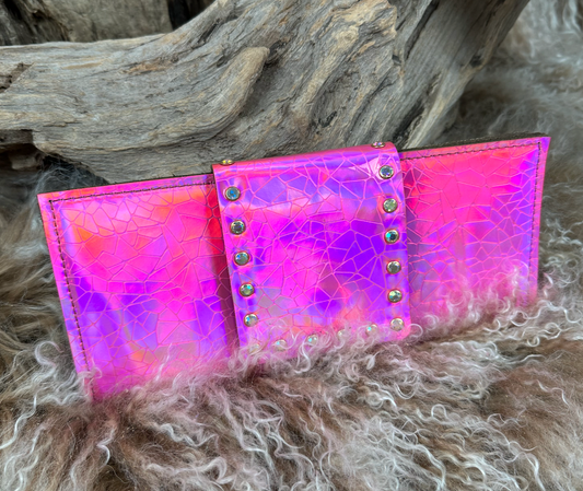 Large Hot Pink HOLOGRAM Wallet with AB Crystal Rivets