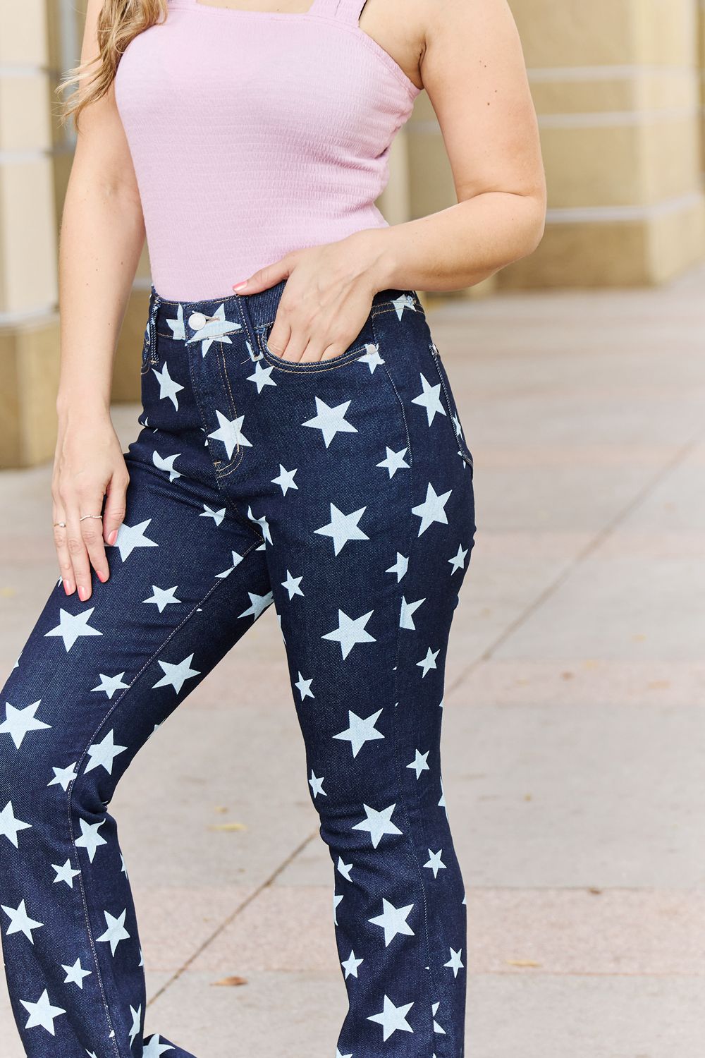 JUDY BLUE High Waist STAR Print Flare Jeans